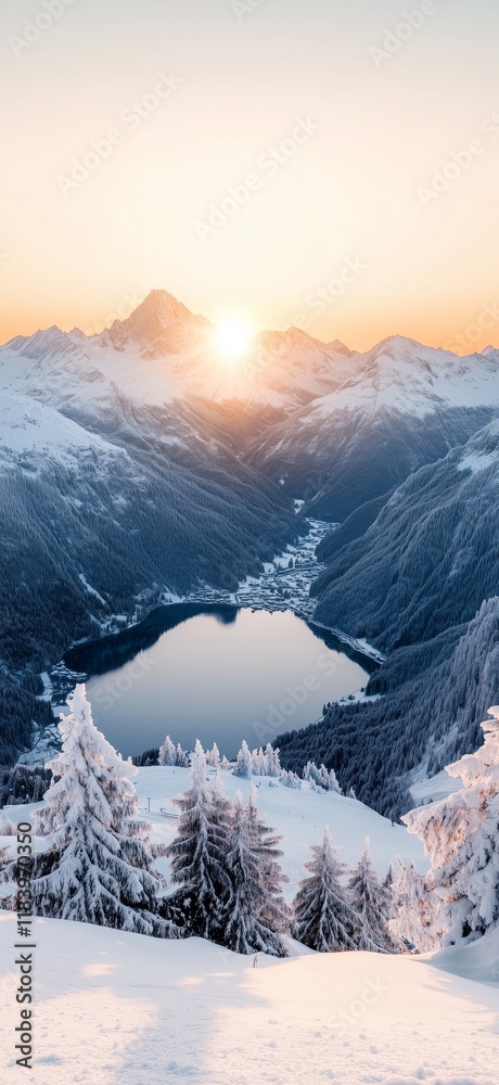 Obraz premium Majestic winter sunrise illuminating snowy mountains and serene alpine lake with cozy chalet