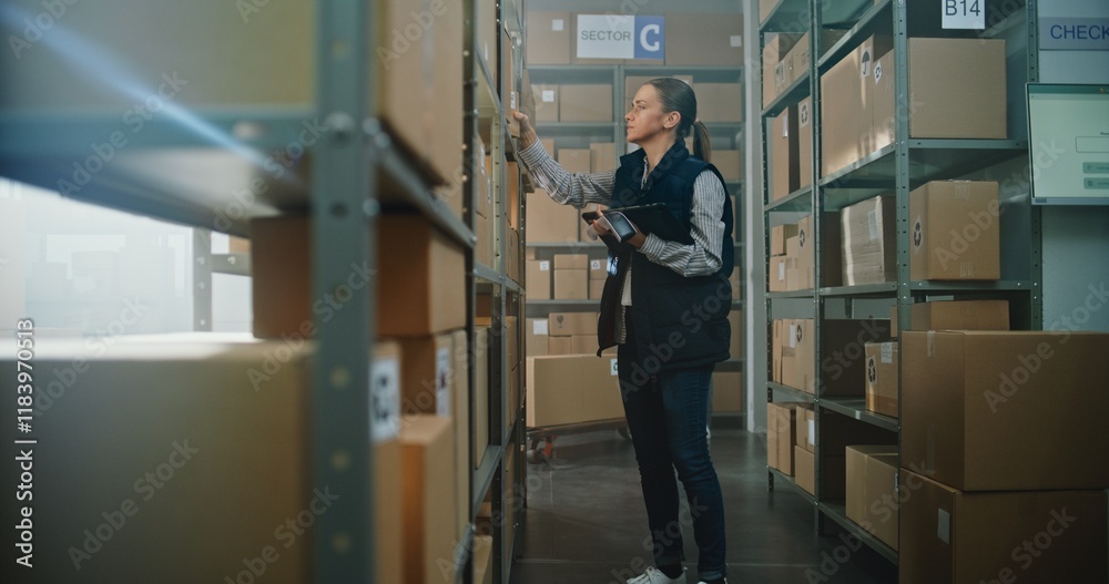 Female Sorting Center Employee Scans Parcels with Online Orders, Checks Information on Tablet Computer, Takes Package from Shelf for Delivery to Client. Warehouse Retail Facility of E-Commerce Store. Female Sorting Center Employee Scans Parcels with Online Orders, Checks Information on Tablet Computer, Takes Package from Shelf for Delivery to Client. Warehouse Retail Facility of E-Commerce Store.