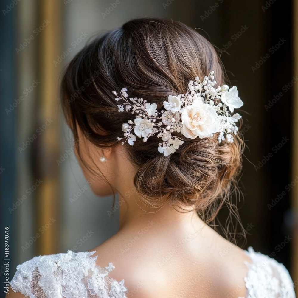 Naklejka premium Elegant Bride with Floral Hairpiece, Romantic Wedding Portrait