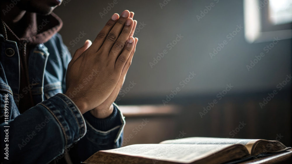 Fototapeta premium A person sits with their hands clasped in prayer in front of an open Bible. The image conveys themes of faith, spirituality, and devotion