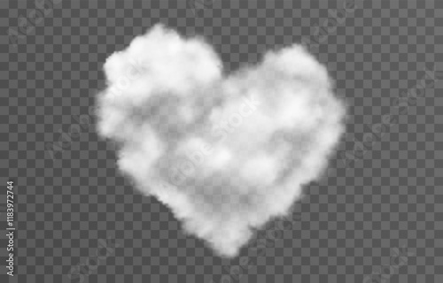 Vector fluffy heart cloud png. Realistic cloud, smoke or fog on an isolated transparent background.