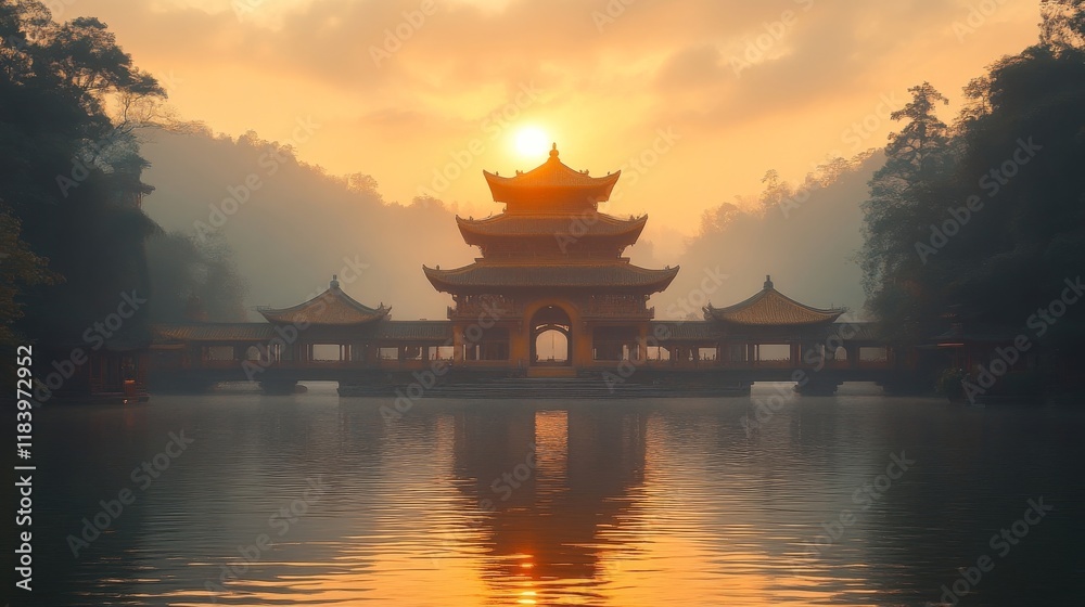 Sunrise over the Golden Pavilion Temple in China Sunrise over the Golden Pavilion Temple in China