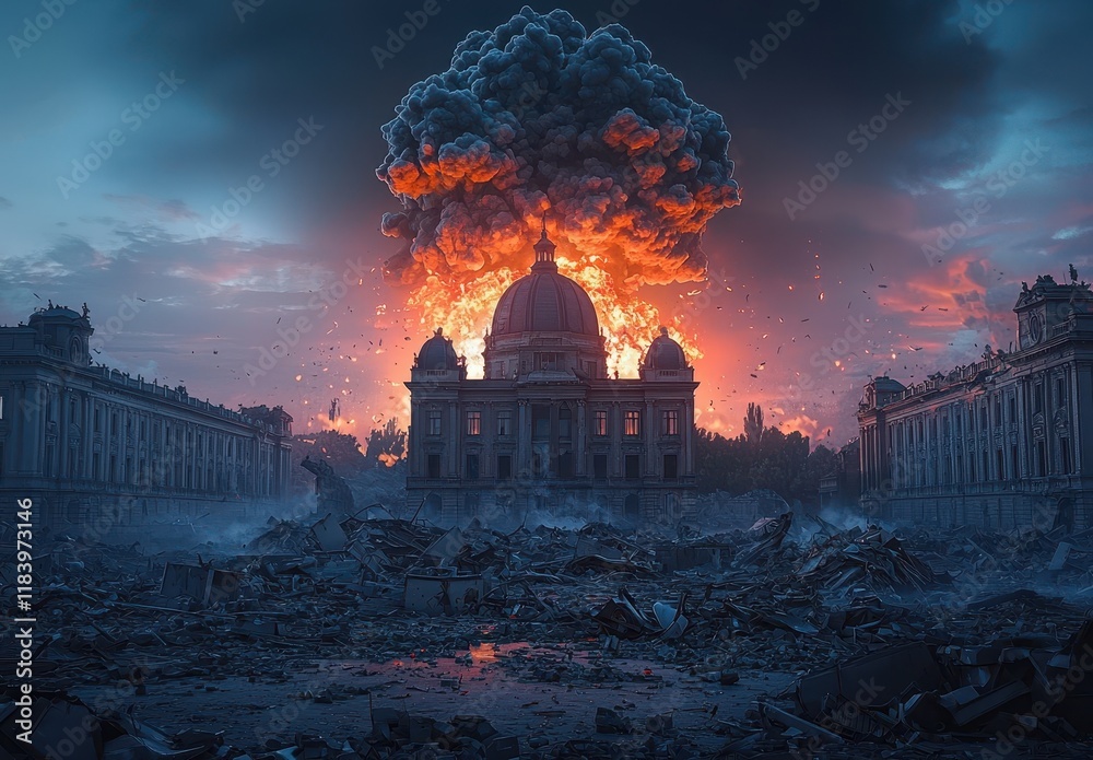 Obraz premium Dramatic Explosion Behind Historic Building in Ruins Illuminated by Fiery Sky