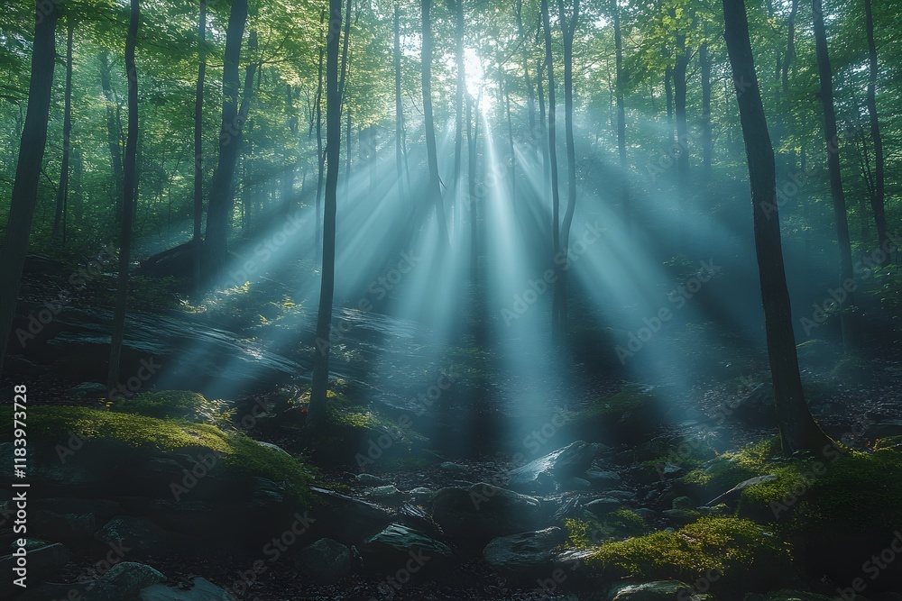 Obraz premium Sunlight Filtering Through Forest Trees Creating Mystical Atmosphere in Nature Scene