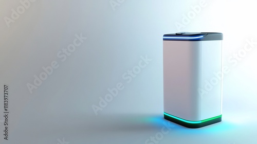 Futuristic white energy storage unit with blue and green glowing accents on a light gray background.