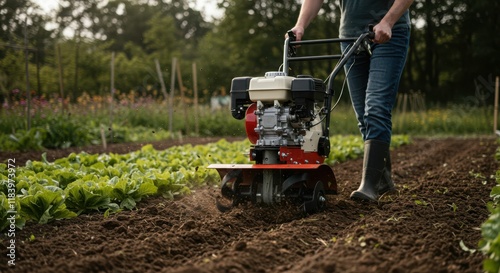 Caucasian adult male using tiller for gardening in vegetable field on sunny day