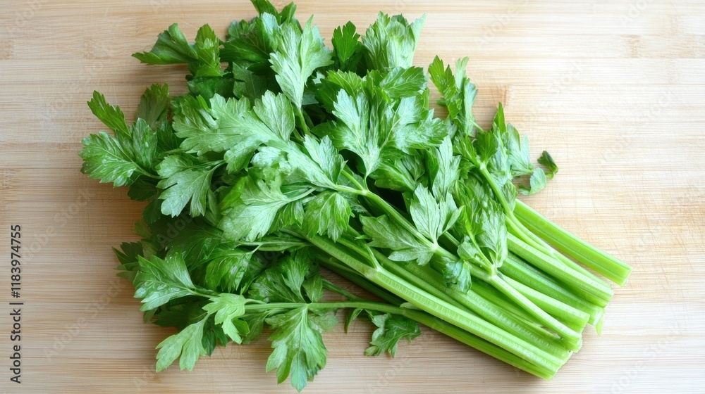 Fresh Celery Stalks on Wooden Cutting Board Fresh Celery Stalks on Wooden Cutting Board