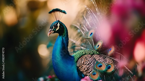 Majestic peacock displaying vibrant plumage amidst blurred pink flowers.