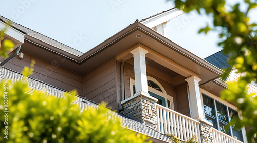 Low-angle view of a house's exterior, focusing on a covered porch with white columns and railings. The house is light brown with dark roofing and features greenery in the foreground and background.