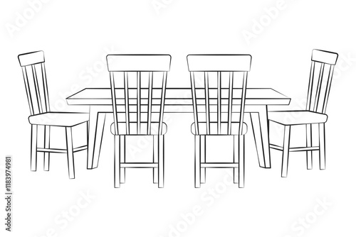 A table and four chairs. The dining room. Linear style
