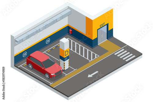 Isometric vector illustration of an indoor parking space with marked slots, a clearly labeled exit, and modern parking layout for efficient traffic flow