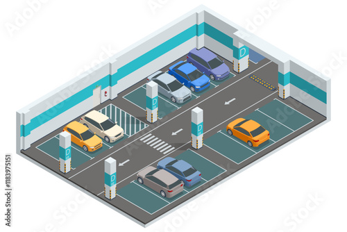 Isometric vector underground parking illustration with color-coded sections, marked slots, and directional arrows for seamless navigation and modern parking management