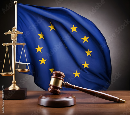 An impactful image featuring the EU flag alongside a judge's gavel, symbolizing justice, law, and governance within the European Union. A strong representation of legal authority and regional.