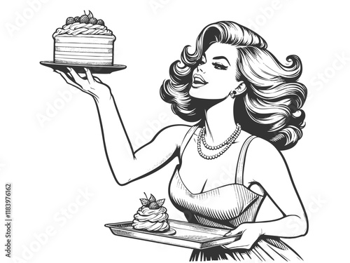 glamorous retro woman holding a cake and desserts on trays, evoking vintage baking culture sketch engraving generative ai vector illustration. Scratch board imitation. Black and white image.
