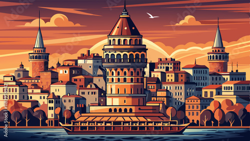 Galata (Kulesi) tower, a historical building with a view of Karaköy in the Beyoğlu district of istanbul. Sunset view