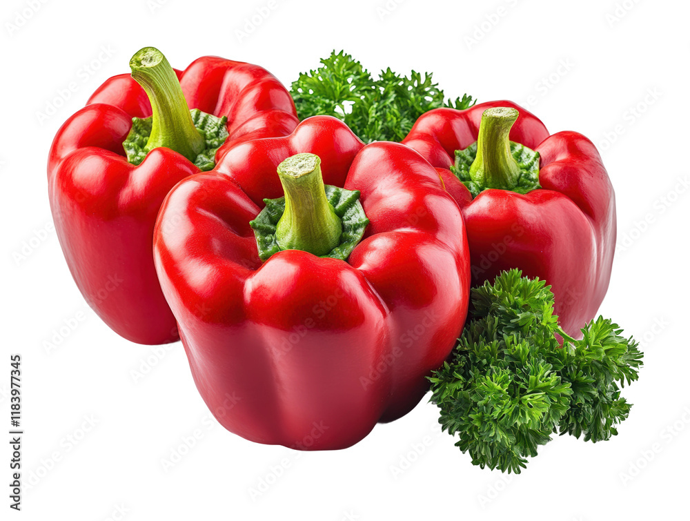 Fresh red bell peppers with parsley on high fidelity food studio setting isolated on transparent background png Fresh red bell peppers with parsley on high fidelity food studio setting isolated on transparent background png