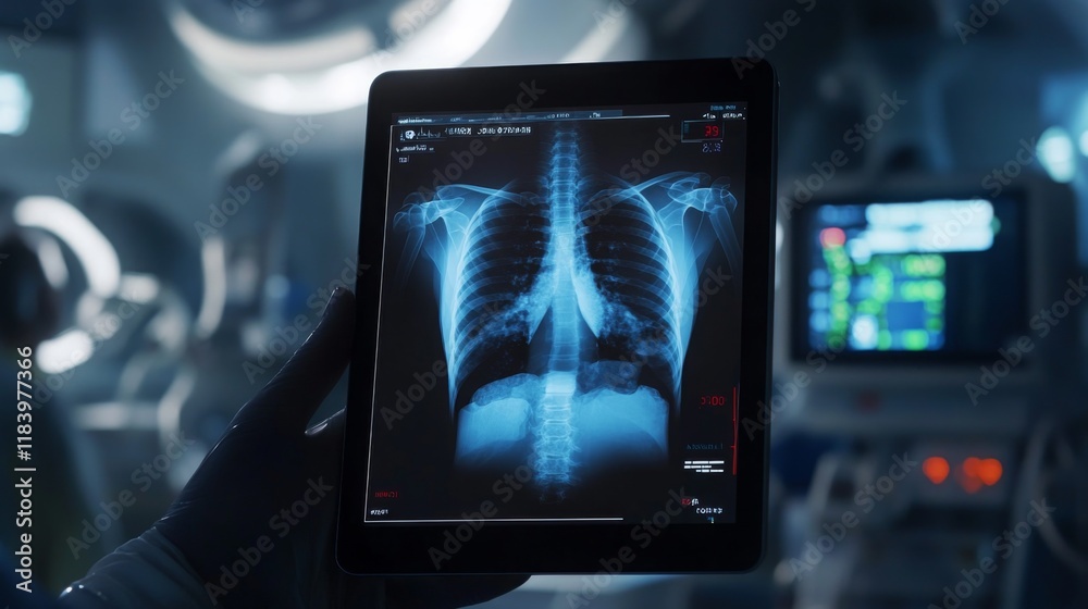 A healthcare worker analyzes a digital lung x-ray on a tablet in a high-tech medical facility. A healthcare worker analyzes a digital lung x-ray on a tablet in a high-tech medical facility.