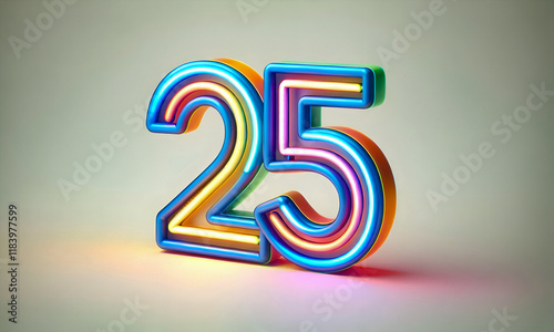 Die Zahl 25 in bunter Neonschrift auf hellem Hintergrund, copy space