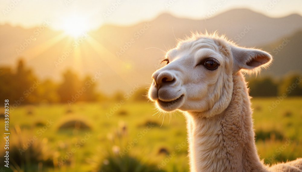 Obraz premium Llama gazing peacefully in highland meadow at sunrise, serene beauty