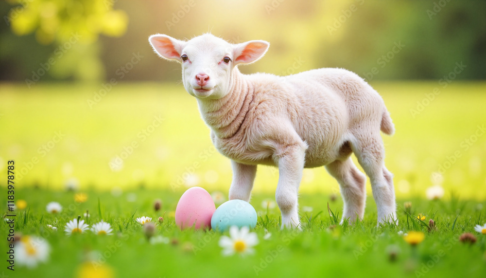 Obraz premium Playful lamb discovering pastel Easter eggs in a sunny meadow, spring joy