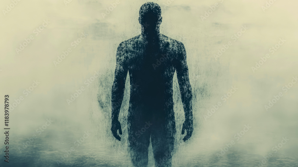 Fototapeta premium Disintegrating Figure in a Foggy Landscape: A Surreal Human Silhouette