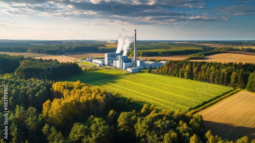 Aerial view of industrial plant in rural landscape.
