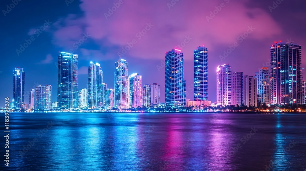 Fototapeta premium Neon Miami skyline night cityscape reflection