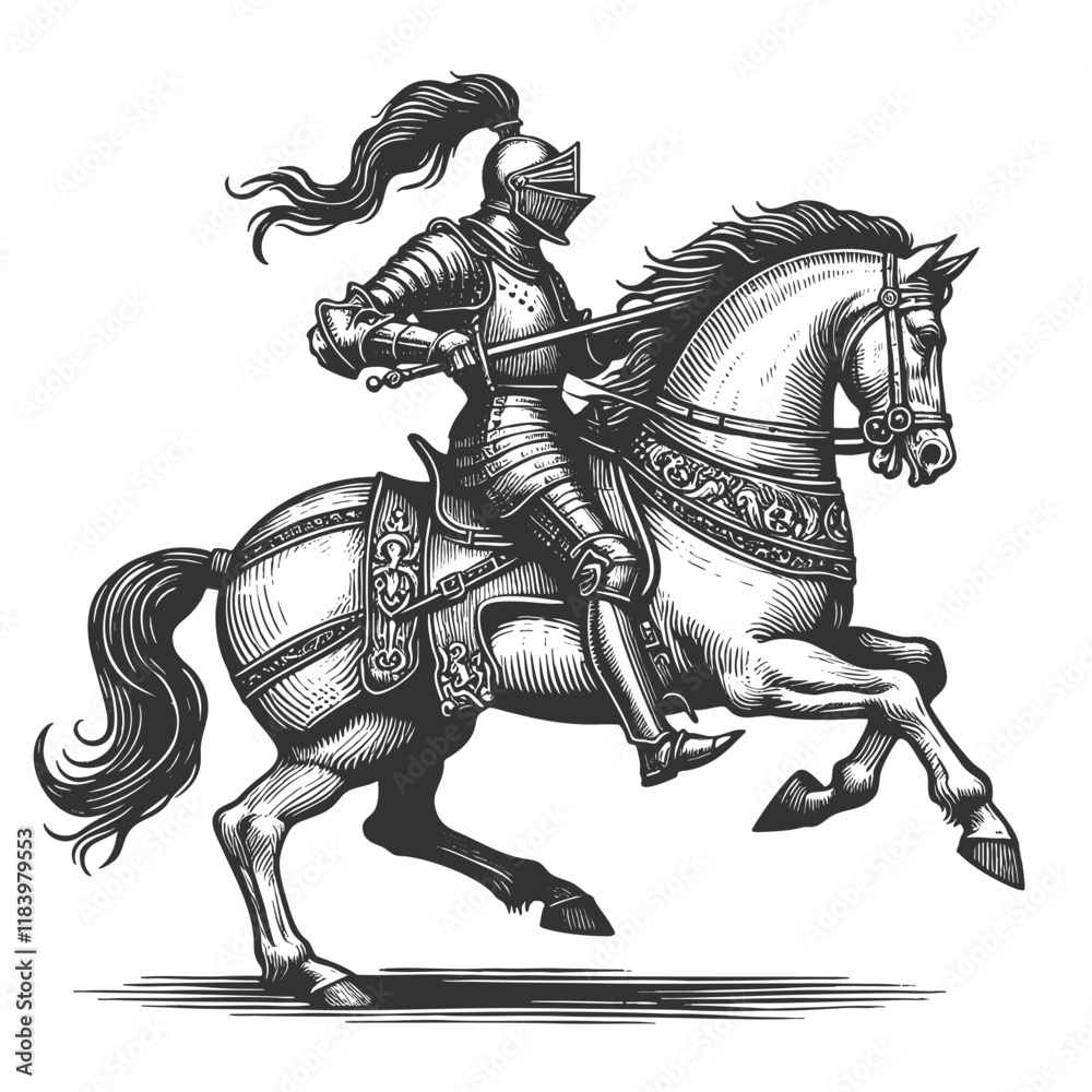 medieval knight in full armor riding a rearing horse, showcasing intricate, vintage engraving details sketch engraving generative ai vector illustration. Scratch board imitation. Black and white image medieval knight in full armor riding a rearing horse, showcasing intricate, vintage engraving details sketch engraving generative ai vector illustration. Scratch board imitation. Black and white image