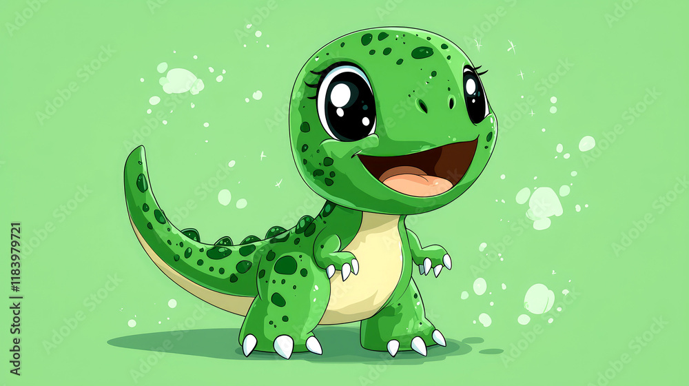 Fototapeta premium Adorable Green Baby Dinosaur Cartoon Illustration