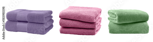 Colorful bath towels: purple, pink and green cotton stack on transparent background
