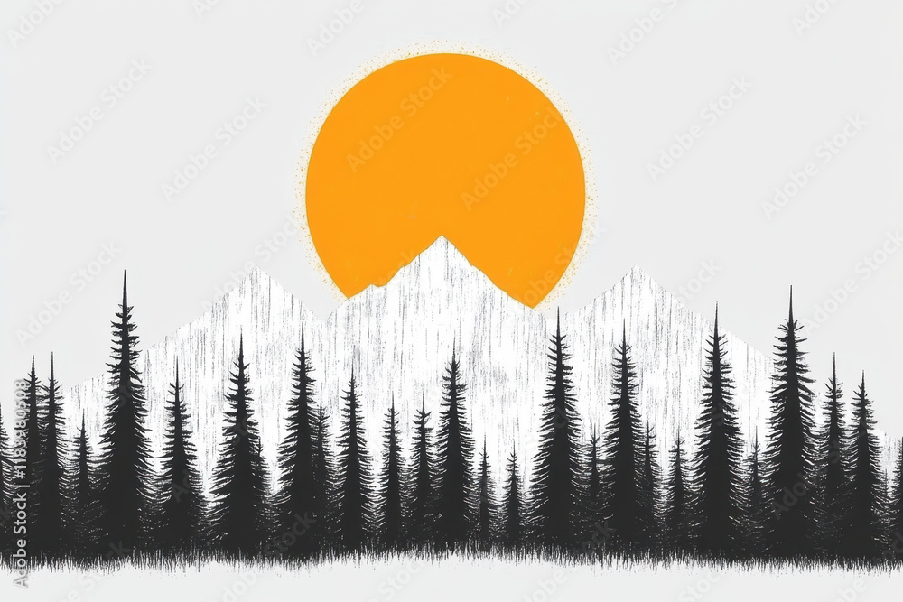 Sunrise snowy mountains with pine trees silhouette
