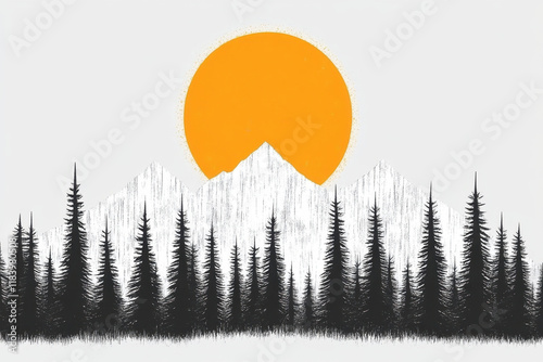 Sunrise snowy mountains with pine trees silhouette