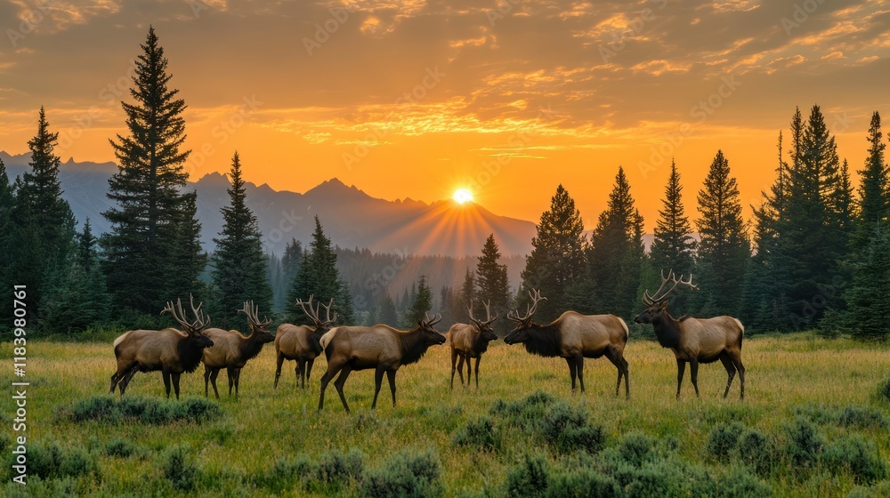 Elk herd at sunrise in mountains.