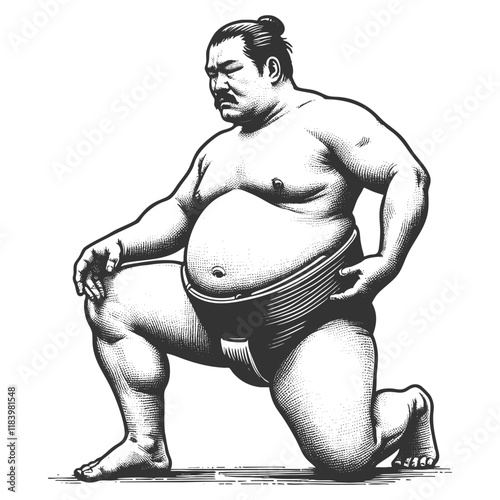 sumo wrestler crouching in a traditional pre-fight stance, emphasizing strength and discipline sketch engraving generative ai vector illustration. Scratch board imitation. Black and white image.