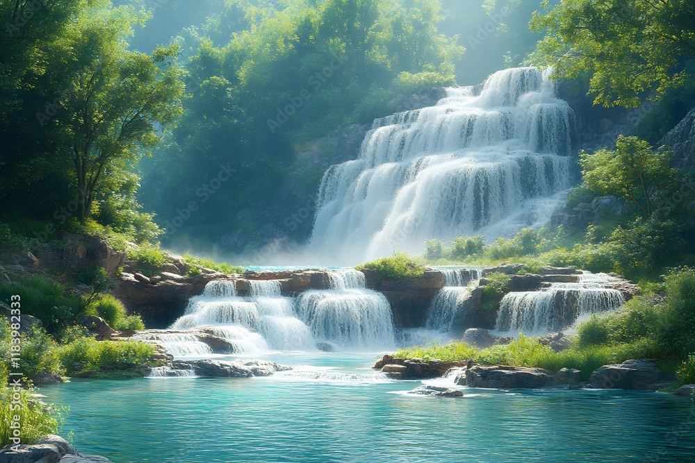 Majestic Waterfall Cascading in Serene Forest Landscape for Nature Relaxation and Inspiration