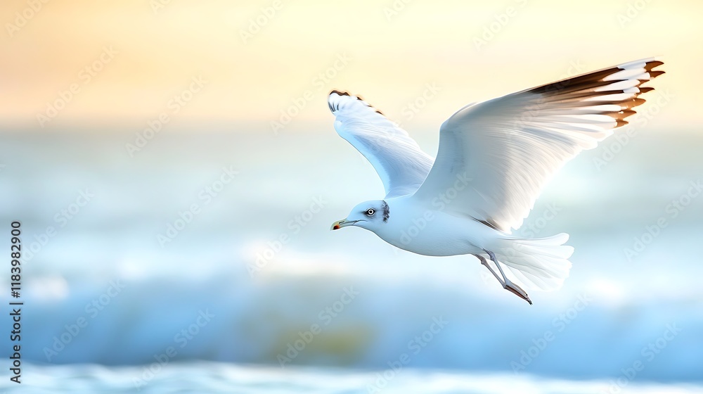 Fototapeta premium Seagull in flight over ocean waves at sunset.