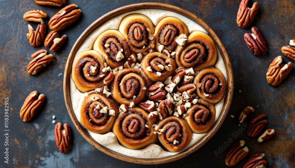 Delicious Cinnamon Roll Bowl with Pecans and Creamy Topping for Indulgent Dessert Experience Delicious Cinnamon Roll Bowl with Pecans and Creamy Topping for Indulgent Dessert Experience