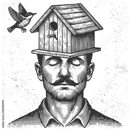 birdhouse emerging from an open head, with two birds flying nearby, symbolizing imagination sketch engraving generative ai vector illustration. Scratch board imitation. Black and white image.