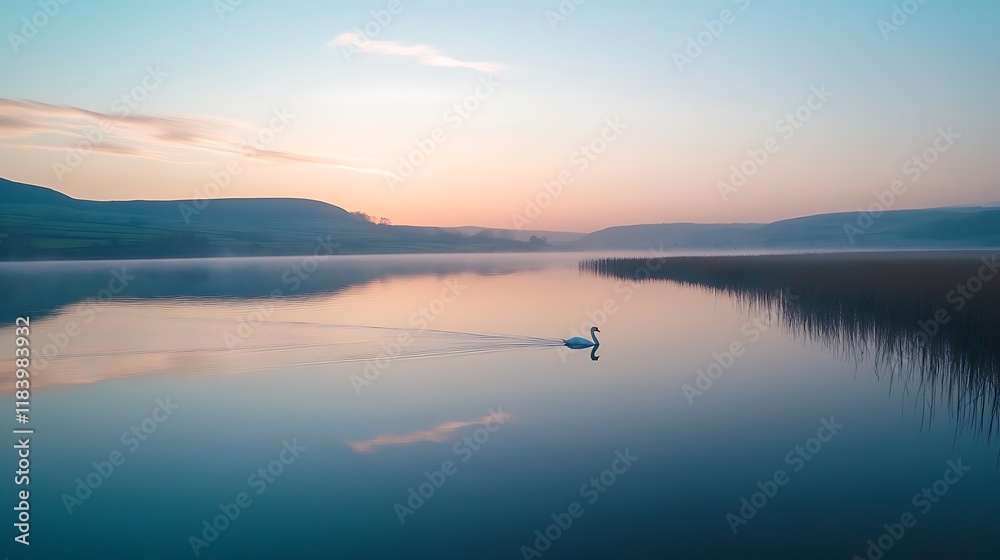 Obraz premium Serene sunrise over calm lake with single swan.