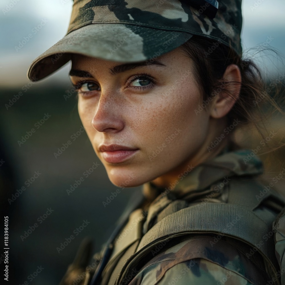 Focused Female Soldier in Camouflage Uniform Outdoors Focused Female Soldier in Camouflage Uniform Outdoors