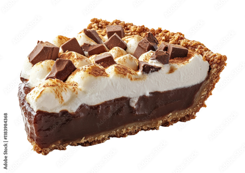 Delicious slice of s'mores pie on food high fidelity gourmet dessert close-up view isolated on transparent background png Delicious slice of s'mores pie on food high fidelity gourmet dessert close-up view isolated on transparent background png