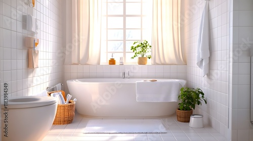 A well-maintained bathroom with spotless tiles, a clean bathtub, and organized cleaning supplies, illustrating the importance of hygiene and regular upkeep for a healthy environment.  photo