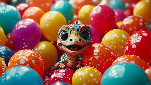 Adorable Lizard in a Colorful Balloon Party: Whimsical Digital Art photo