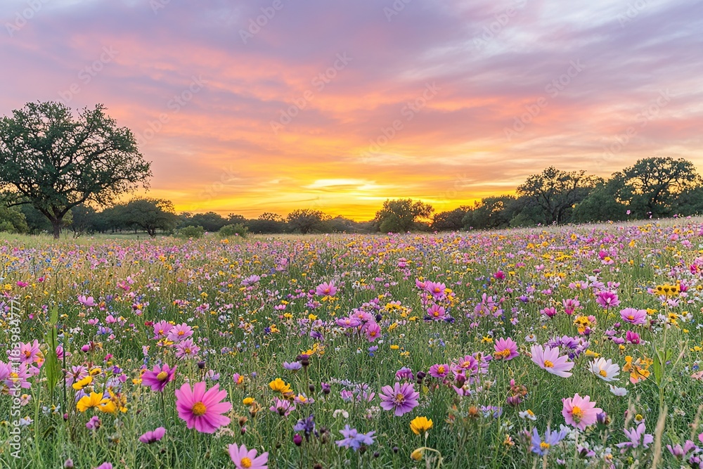 Obraz premium Vibrant Wildflower Meadow at Sunset: A Colorful Bloom of Cosmos, Poppies, and Daisies in a Lush Landscape during Golden Hour.