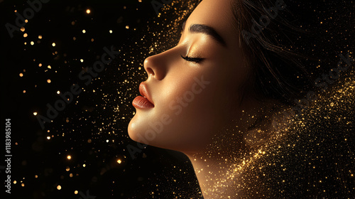 Elegant golden curves on a black background featuring a beautiful woman’s face in a modern 2D style.

