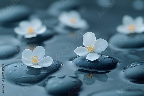 Tranquil Spa Concept with White Flowers on Smooth Black Stones
