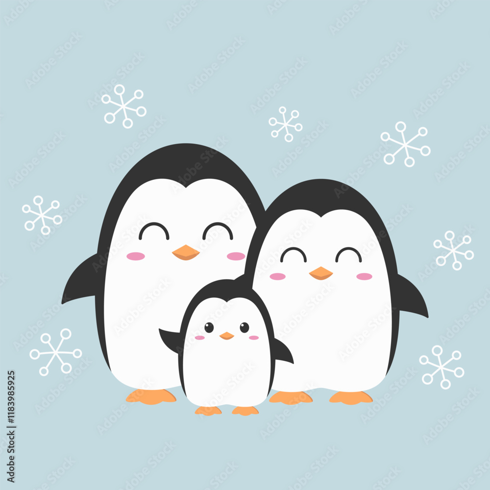 Fototapeta premium Penguins happy family cute character cartoon smile winter holiday snow vector illustration.