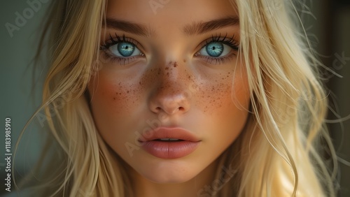 Stunning Blonde Woman with Piercing Blue Eyes and Freckles, Close-up Portrait Photography