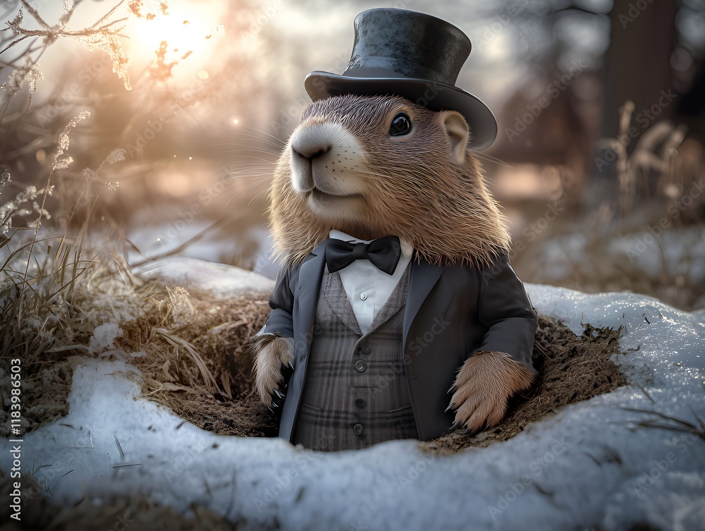 Obraz premium Groundhog wearing a top hat, tailcoat, shirt, and bowtie, emerging from its burrow in the center of the scene. The groundhog’s pose is curious and alert, as if checking for its shadow. 