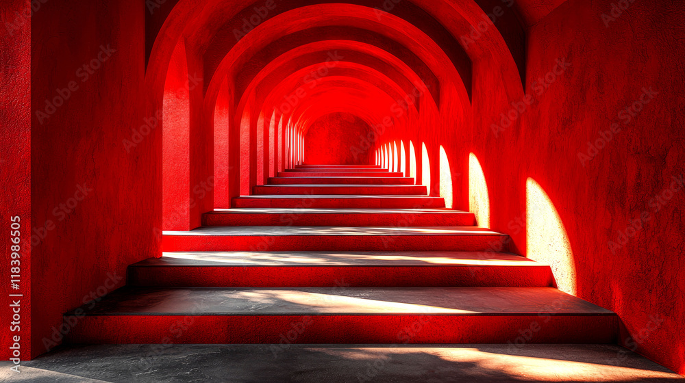 Crimson Architecture: A Captivating Red Stairway Through a Tunnel of Arches Crimson Architecture: A Captivating Red Stairway Through a Tunnel of Arches